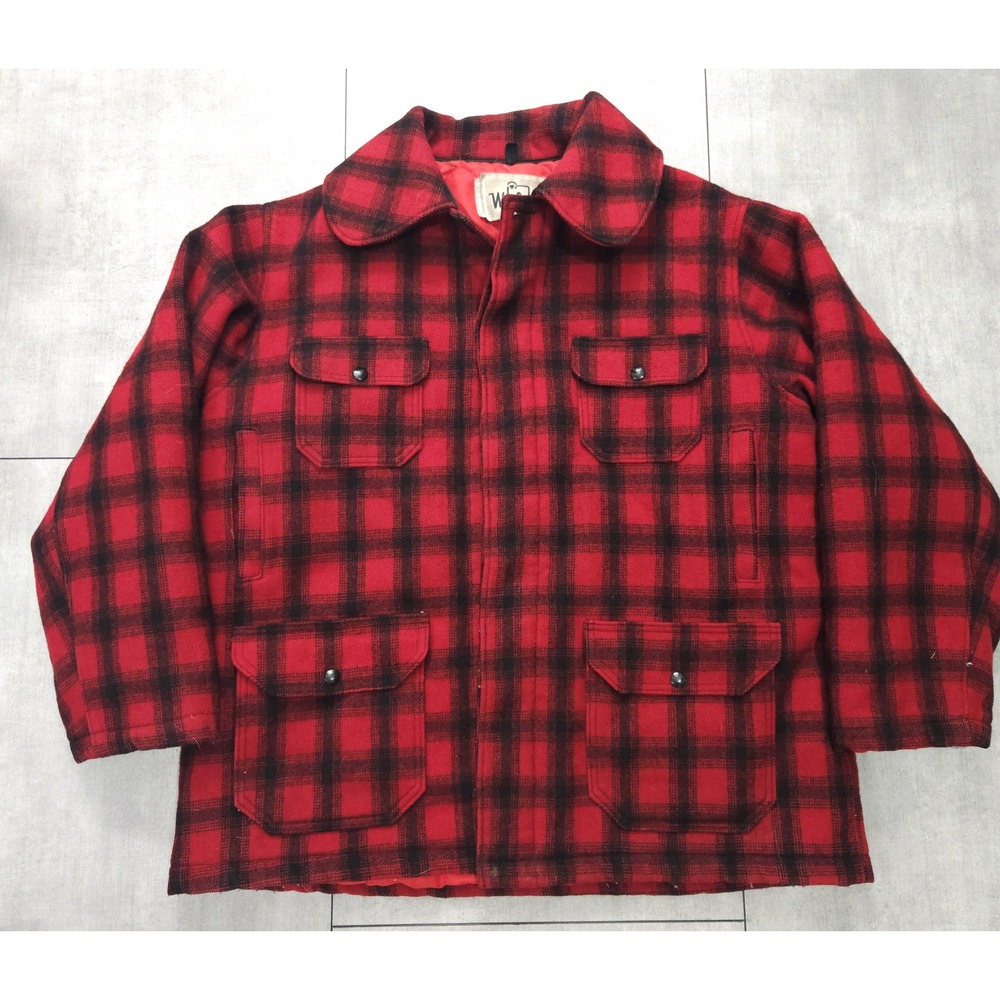 Vintage 60s Woolrich Mens Red Buffalo Plaid Mackinaw Wool Hunting Jacket 48 USA